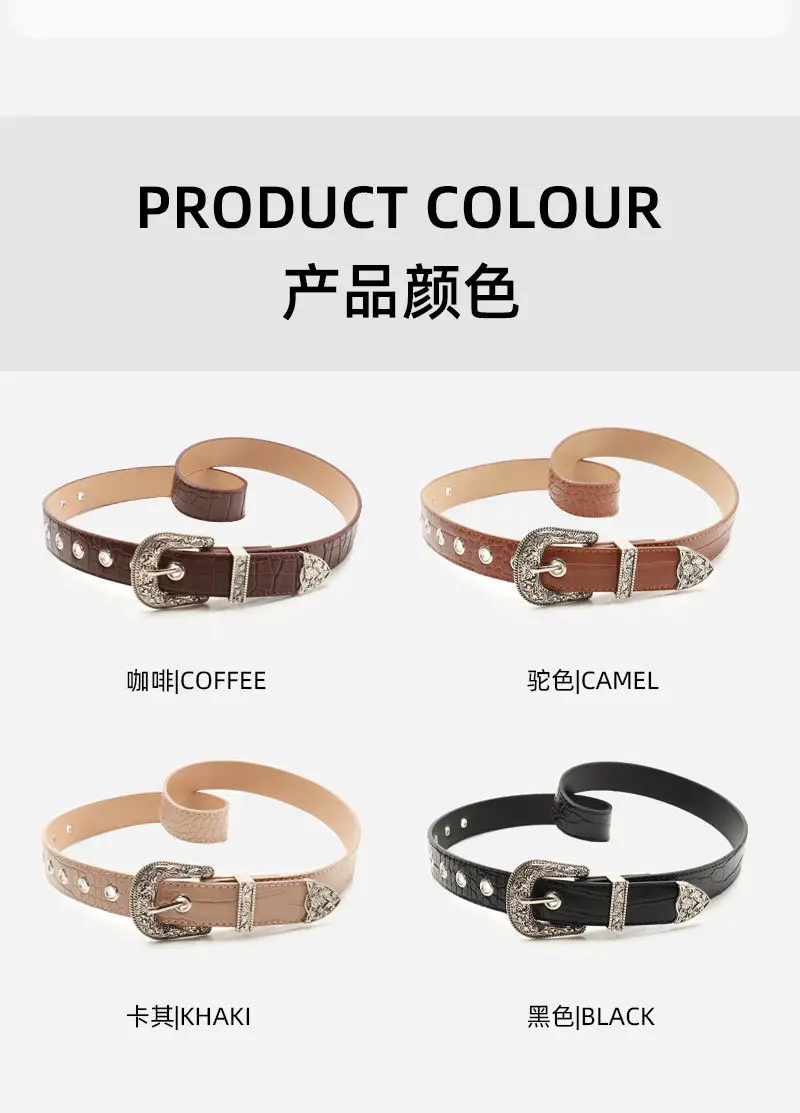 Women's Cross-Border Carved Belt with Stone Buckle Beige — feature 26
