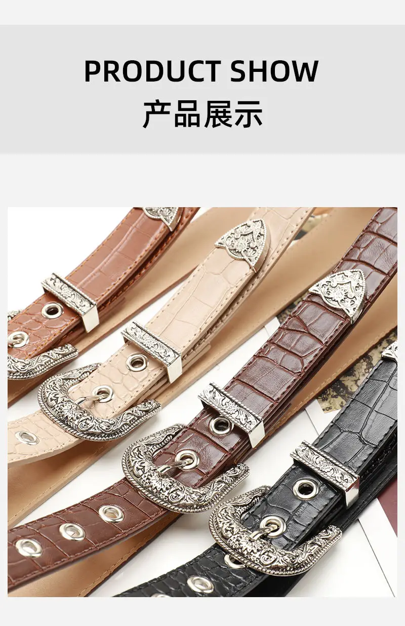 Women's Cross-Border Carved Belt with Stone Buckle Beige — feature 30
