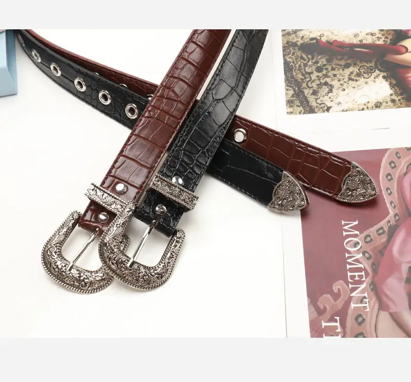 Women's Cross-Border Carved Belt with Stone Buckle Beige — feature 31