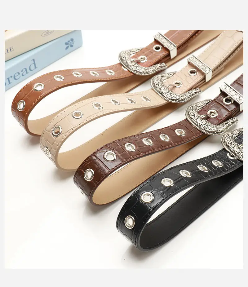 Women's Cross-Border Carved Belt with Stone Buckle Beige — feature 33