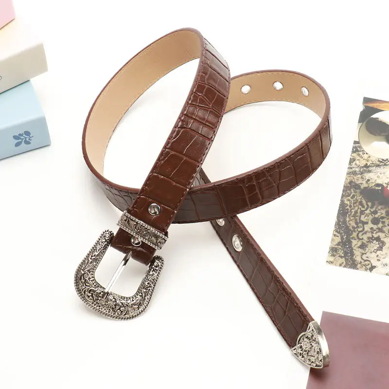 Women's Cross-Border Carved Belt with Stone Buckle Beige