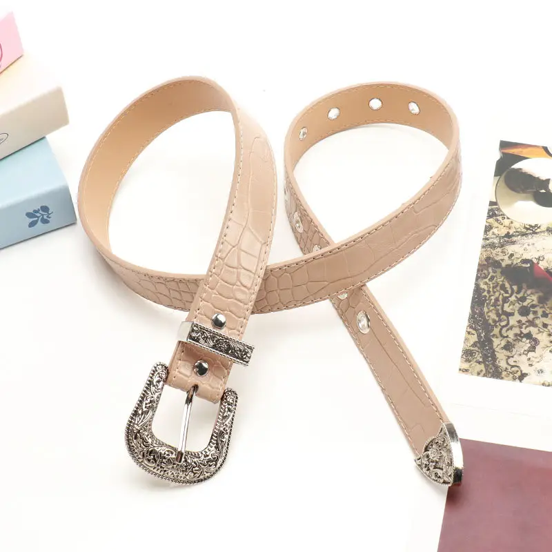 Women's Cross-Border Carved Belt with Stone Buckle Beige