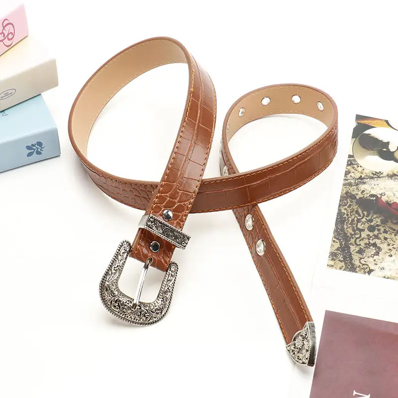 Women's Cross-Border Carved Belt with Stone Buckle Beige