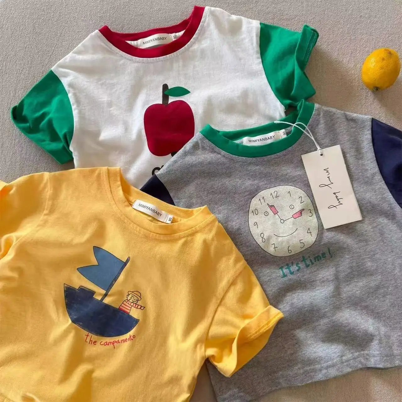 Kids Cartoon T-Shirts Set Yellow Green Gray Blue