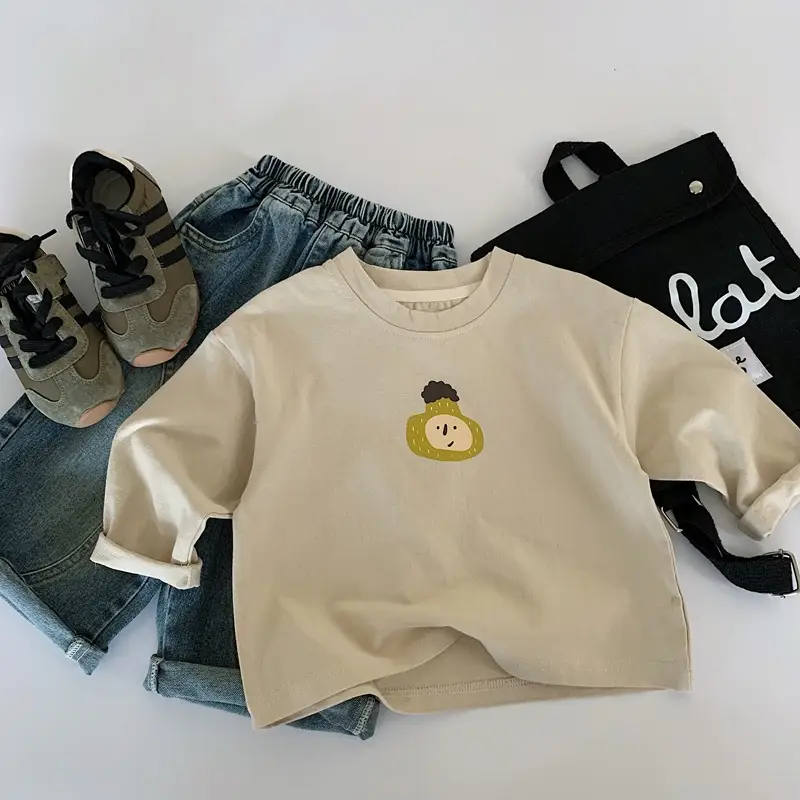 Korean Kids Long Sleeve Cotton T-Shirt Olive Green Cartoon Print