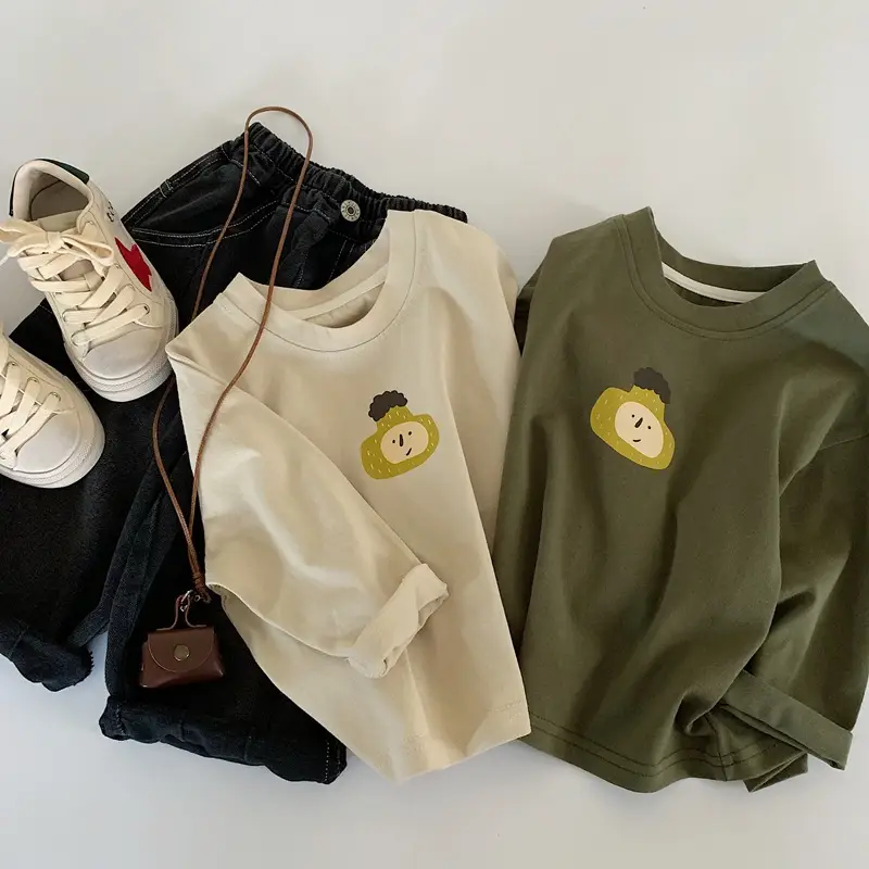 Korean Kids Long Sleeve Cotton T-Shirt Olive Green Cartoon Print