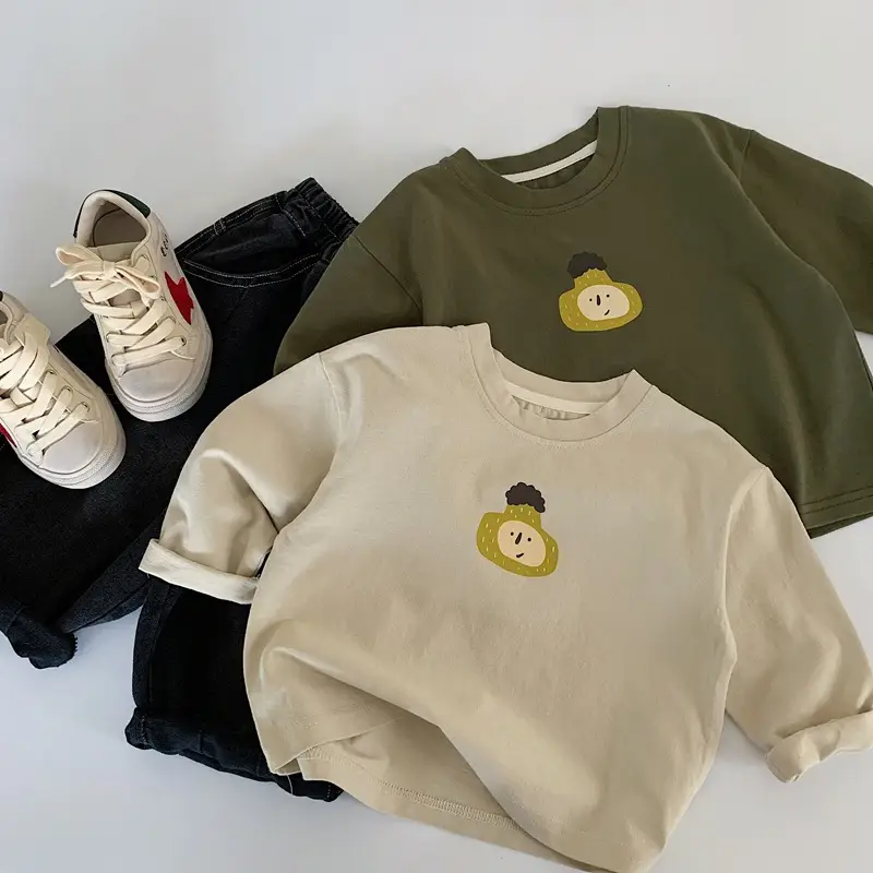 Korean Kids Long Sleeve Cotton T-Shirt Olive Green Cartoon Print — feature 1