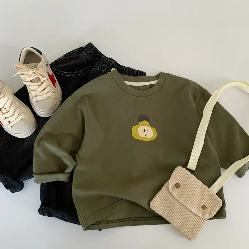 Korean Kids Long Sleeve Cotton T-Shirt Olive Green Cartoon Print — feature 5