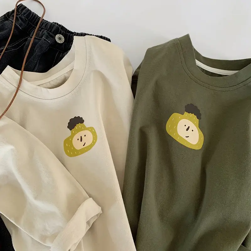 Korean Kids Long Sleeve Cotton T-Shirt Olive Green Cartoon Print — feature 6