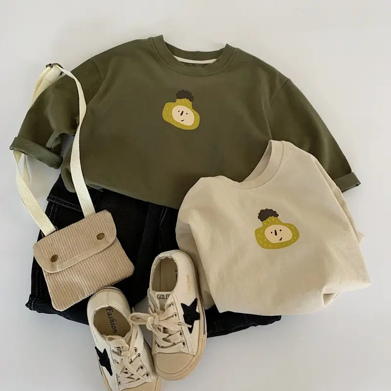 Korean Kids Long Sleeve Cotton T-Shirt Olive Green Cartoon Print — feature 7