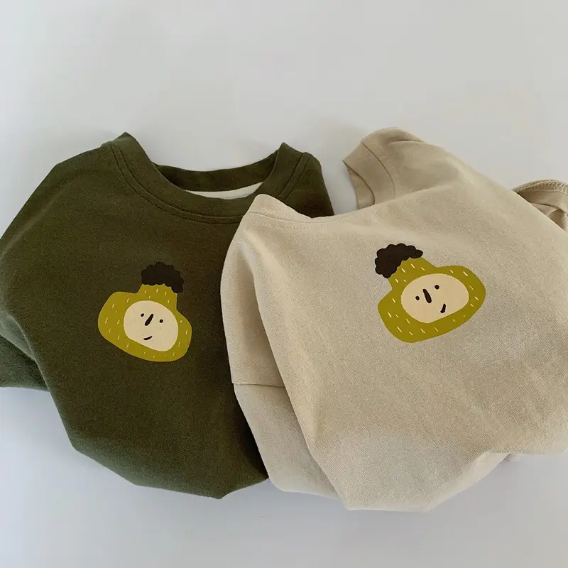 Korean Kids Long Sleeve Cotton T-Shirt Olive Green Cartoon Print — feature 8