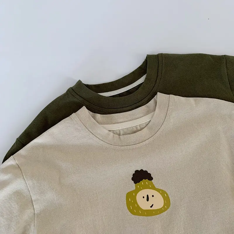 Korean Kids Long Sleeve Cotton T-Shirt Olive Green Cartoon Print — feature 9