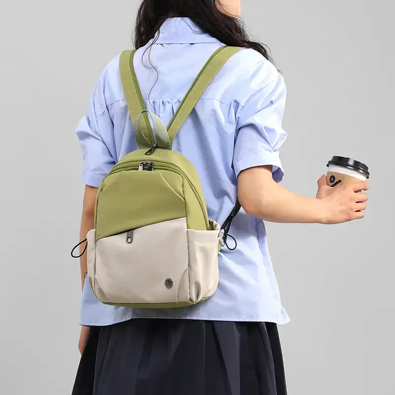 Multi-Layer Nylon Backpack for Women Green Beige - Image 7