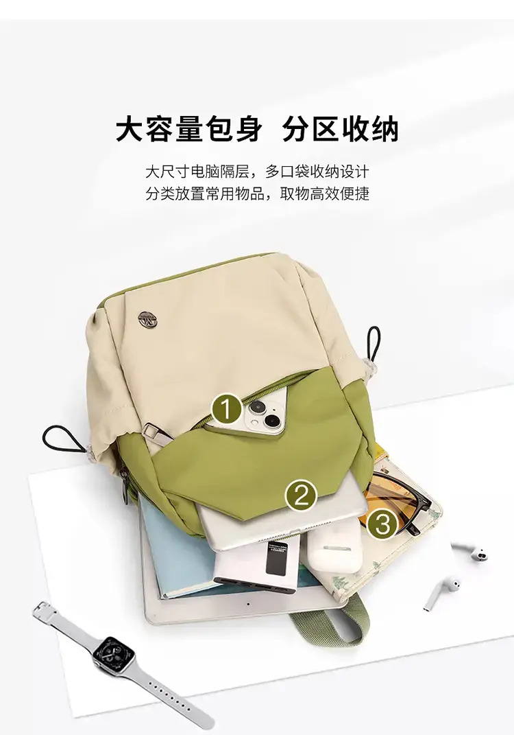 Multi-Layer Nylon Backpack for Women Green Beige — feature 7