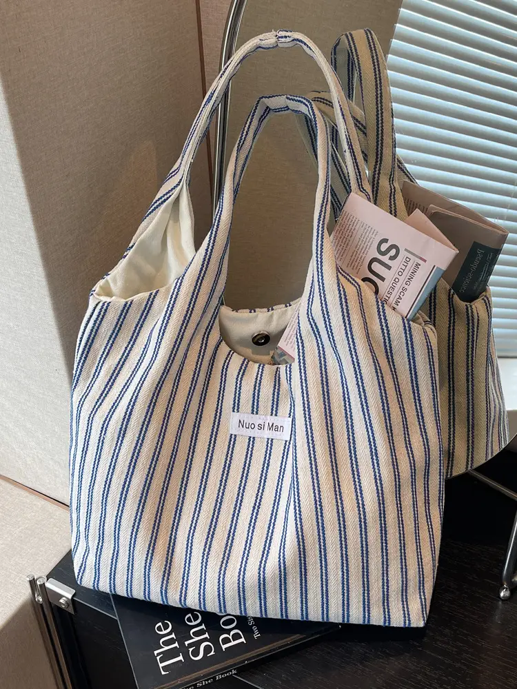 Women's Striped Canvas Shoulder Bag Large Capacity - Image 9