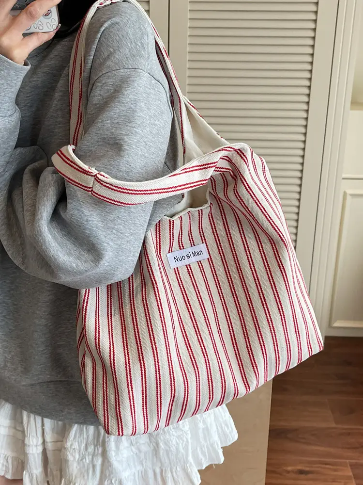 Women's Striped Canvas Shoulder Bag Large Capacity - Image 10