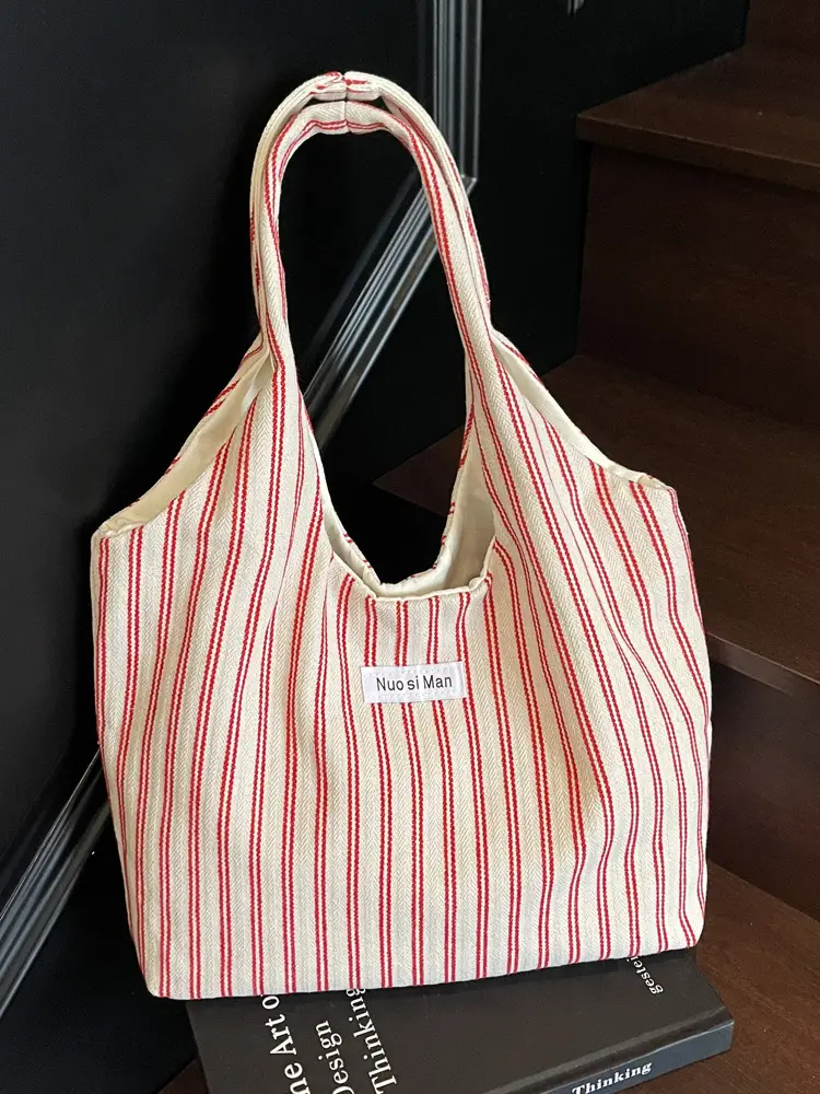 Women's Striped Canvas Shoulder Bag Large Capacity - Image 11