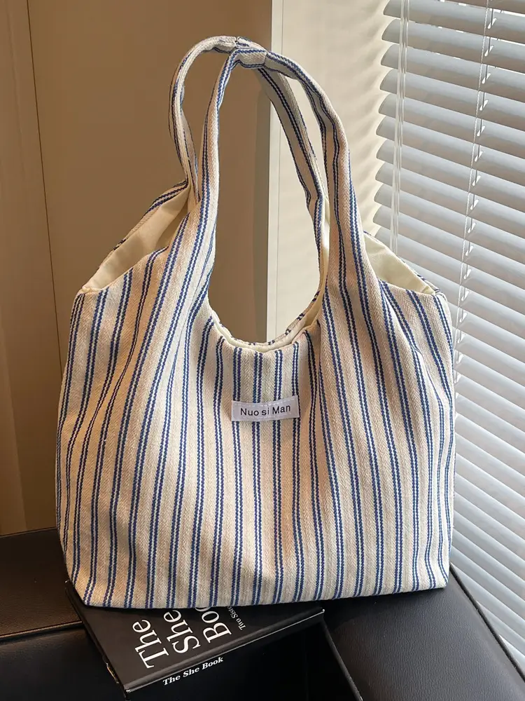 Women's Striped Canvas Shoulder Bag Large Capacity - Image 12