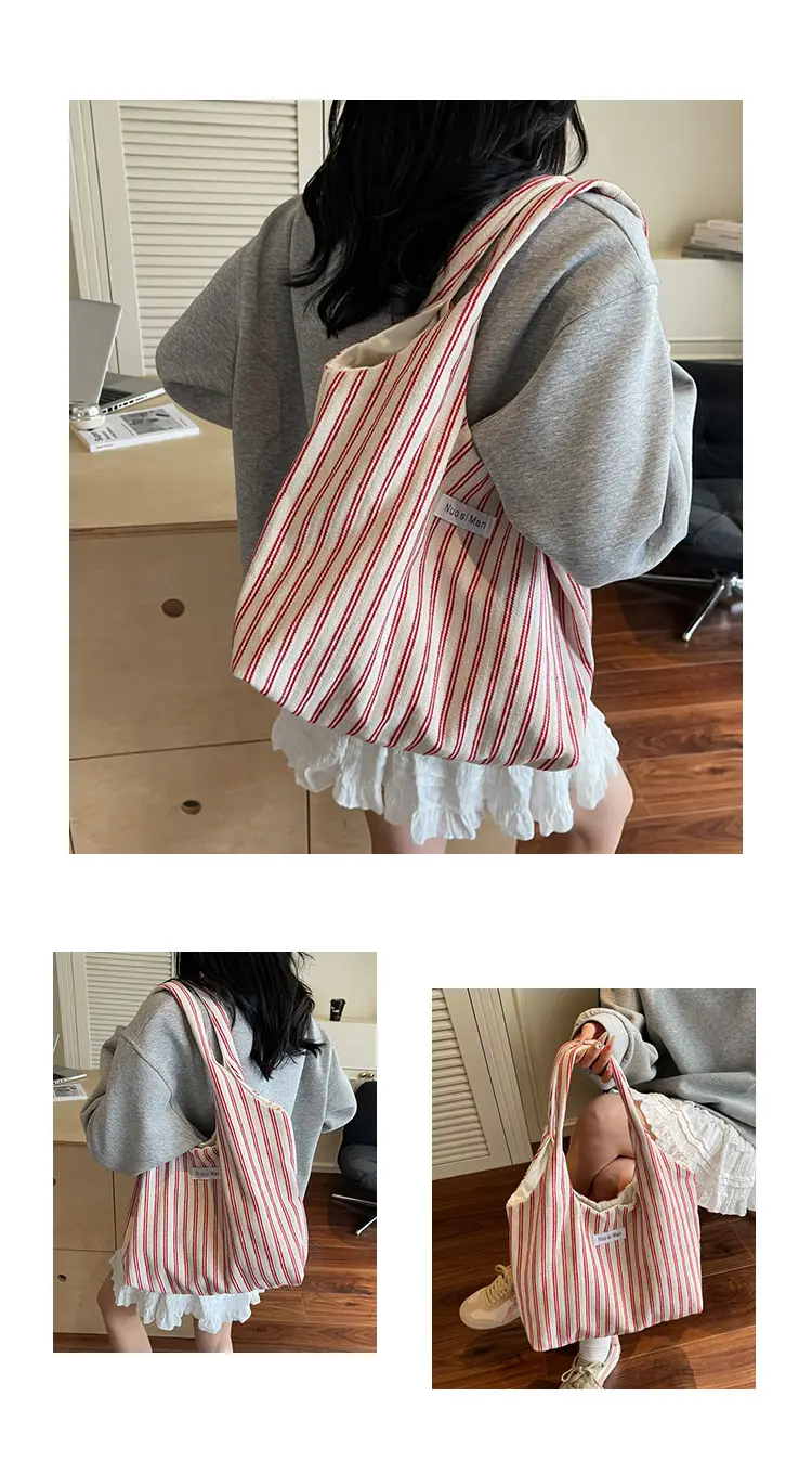 Women's Striped Canvas Shoulder Bag Large Capacity — feature 10