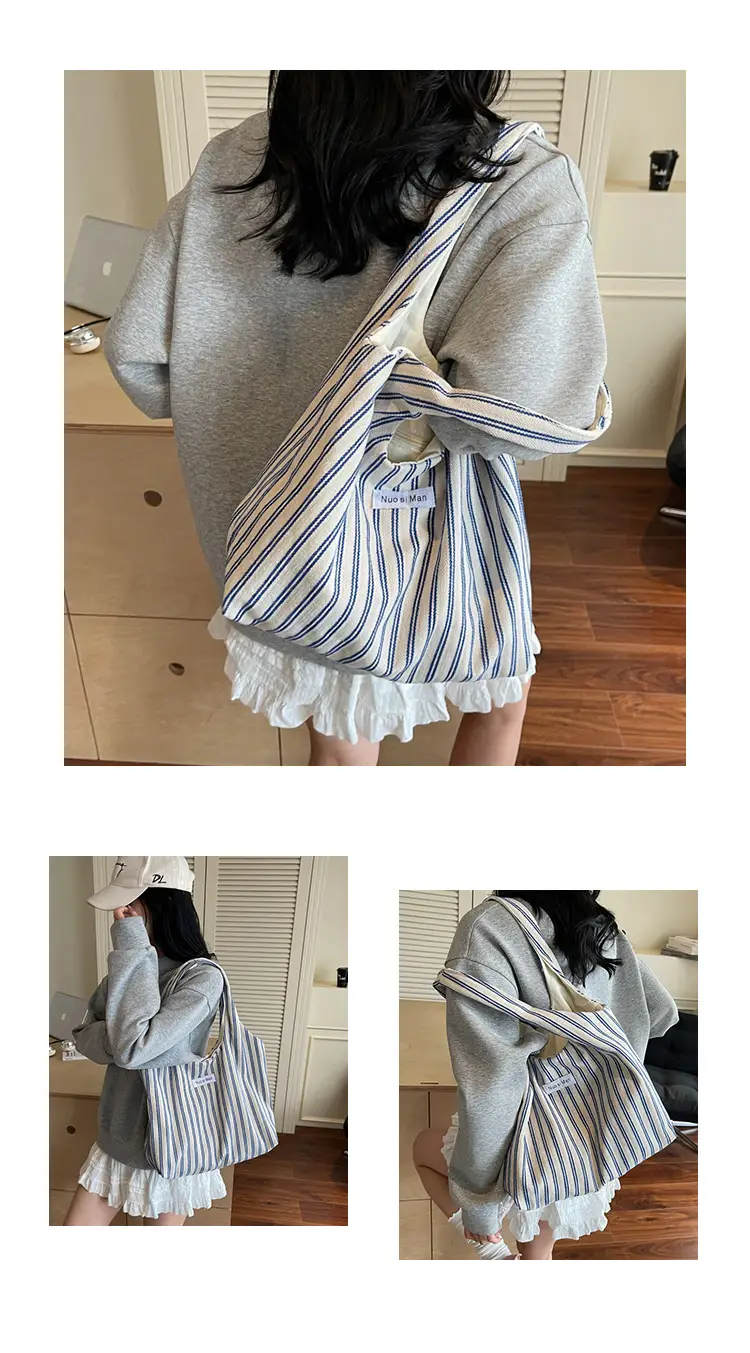 Women's Striped Canvas Shoulder Bag Large Capacity — feature 12