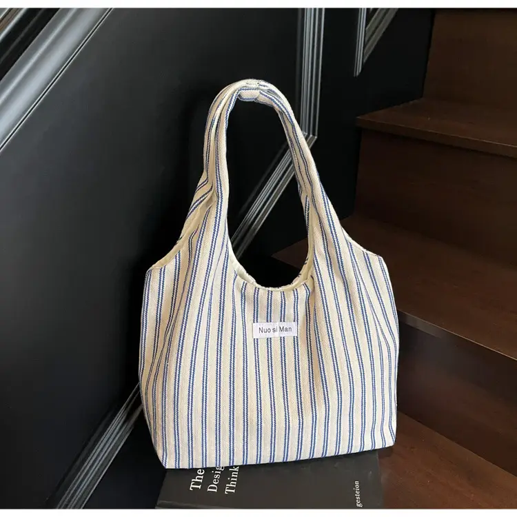 Women's Striped Canvas Shoulder Bag Large Capacity — feature 14