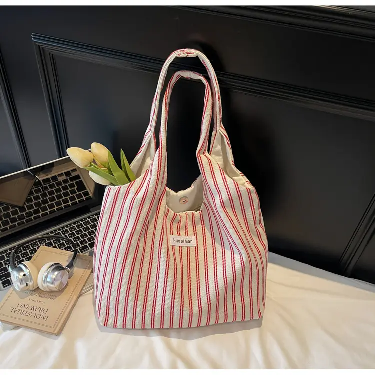 Women's Striped Canvas Shoulder Bag Large Capacity — feature 17