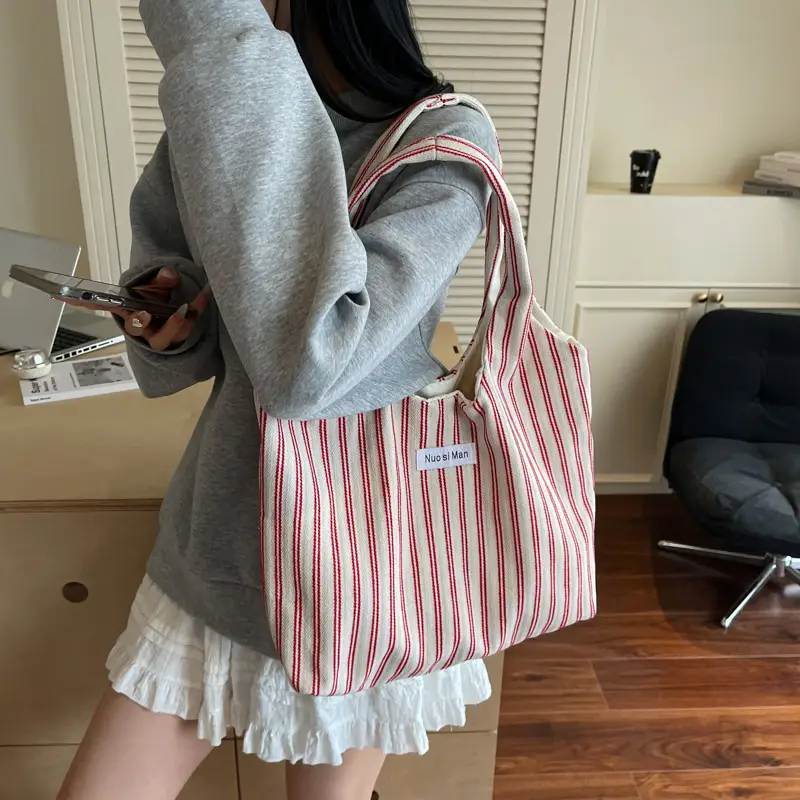 Women's Striped Canvas Shoulder Bag Large Capacity - Image 2
