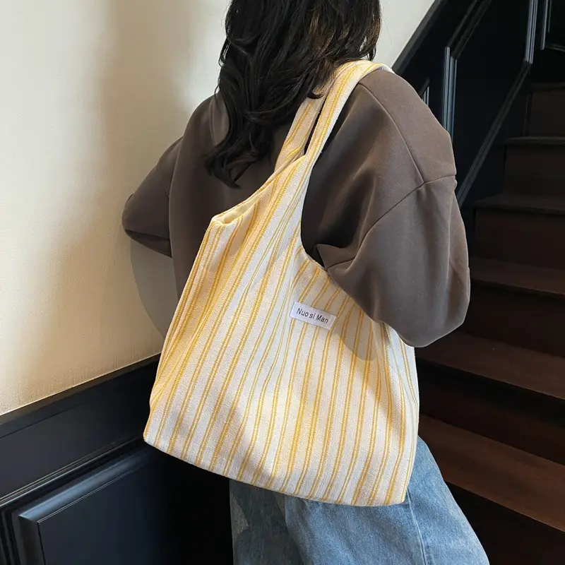 Women's Striped Canvas Shoulder Bag Large Capacity - Image 3