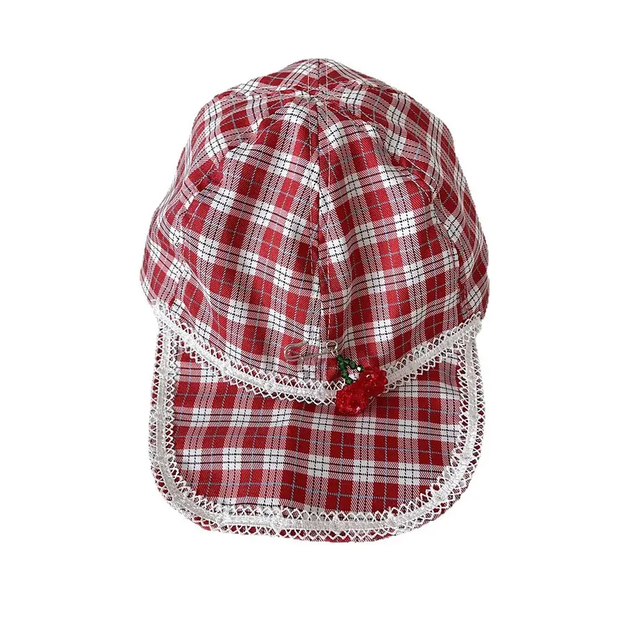 Korean Style Red Plaid Cap for Women with Cat Design - Image 6