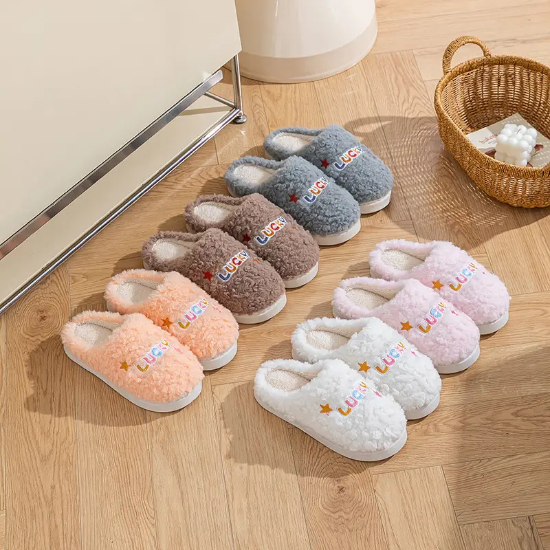 Embroidered Cotton Slippers for Men in Autumn and Winter Indoor Home Thick-Soled Warm Fleece-Lined Couple Confinement Woolen Slippers for Women