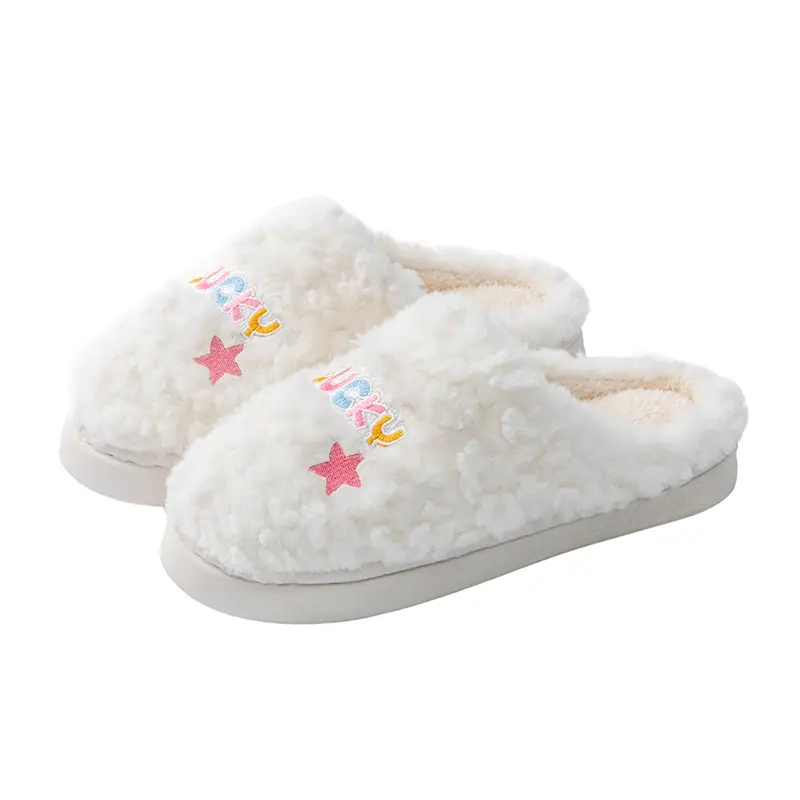 Embroidered Cotton Slippers for Men in Autumn and Winter Indoor Home Thick-Soled Warm Fleece-Lined Couple Confinement Woolen Slippers for Women