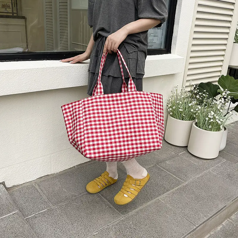 Red Checkered Large Capacity Shoulder Tote Bag - Image 4