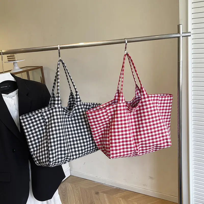 Red Checkered Large Capacity Shoulder Tote Bag - Image 6