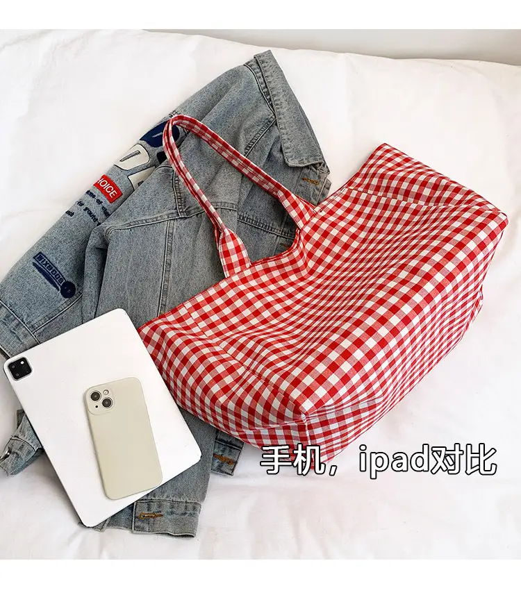 Red Checkered Large Capacity Shoulder Tote Bag — feature 6