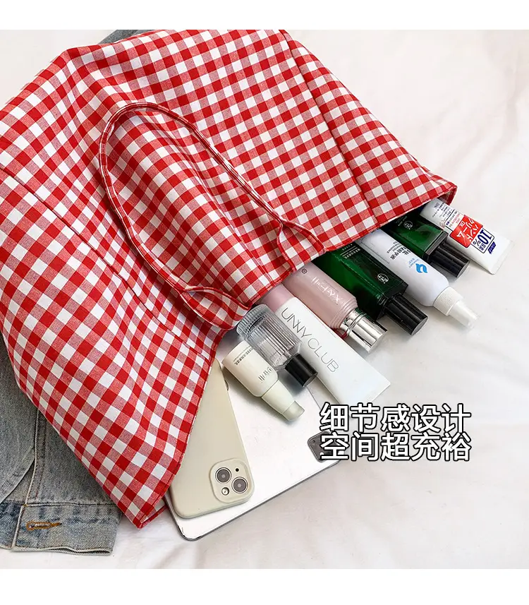 Red Checkered Large Capacity Shoulder Tote Bag — feature 9