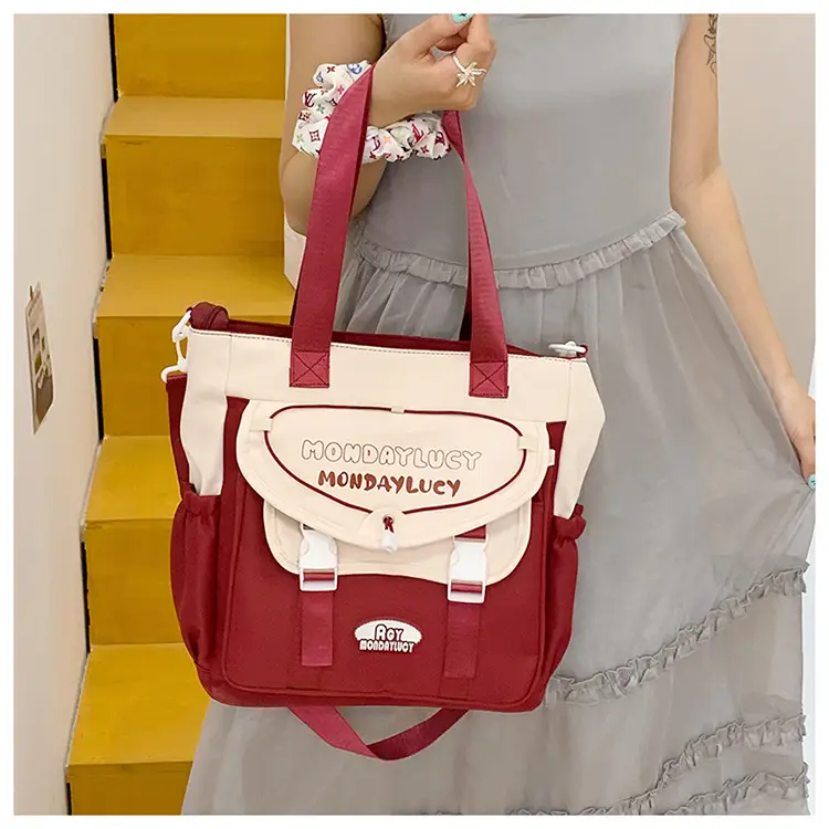 Women's Maroon Color-Blocking Tote Bag Large Capacity — feature 21