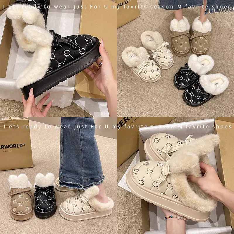Women Cotton Faux Fur Slippers Winter Warm Indoor Non-Slip