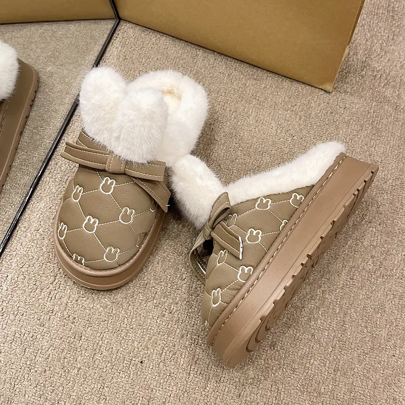 Women Cotton Faux Fur Slippers Winter Warm Indoor Non-Slip