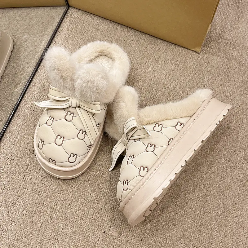 Women Cotton Faux Fur Slippers Winter Warm Indoor Non-Slip
