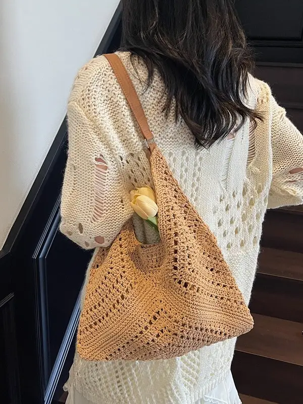 Women's Large Capacity Woven Shoulder Bag Tan 2025 - Image 3