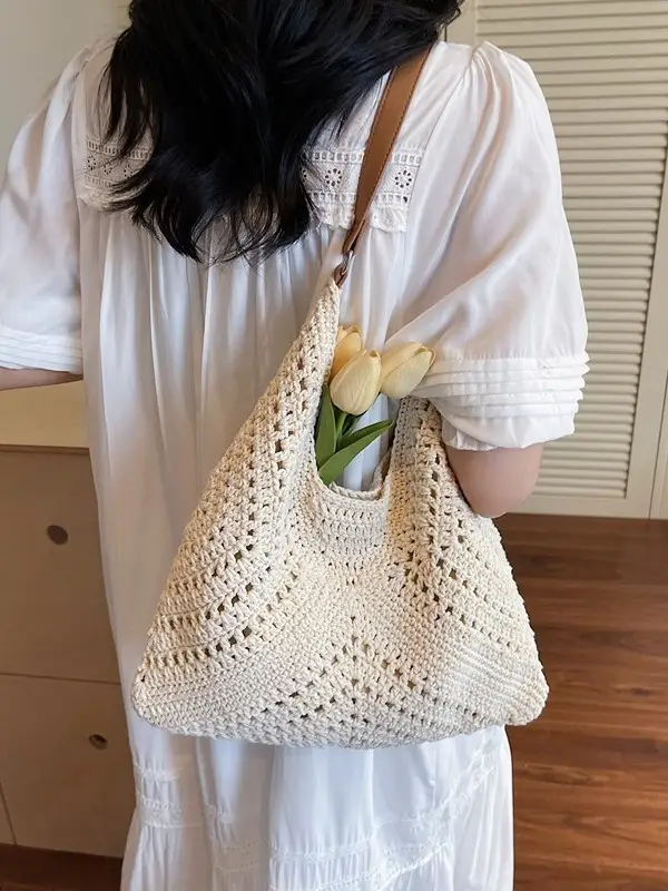 Women's Large Capacity Woven Shoulder Bag Tan 2025 - Image 4