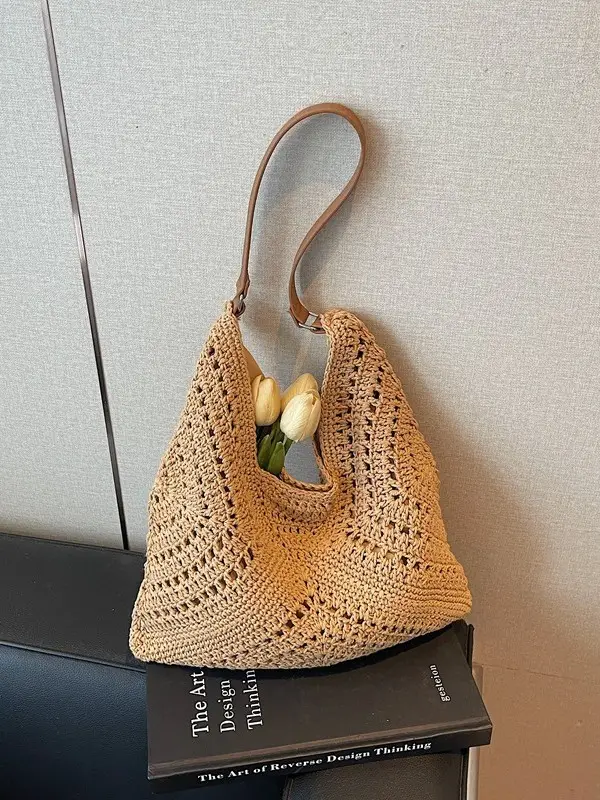 Women's Large Capacity Woven Shoulder Bag Tan 2025 - Image 5