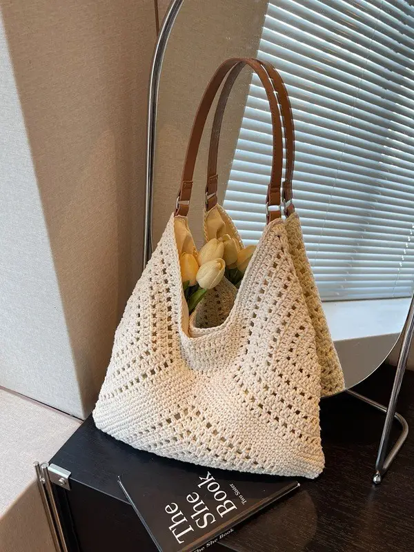 Women's Large Capacity Woven Shoulder Bag Tan 2025 - Image 6