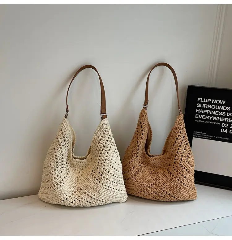 Women's Large Capacity Woven Shoulder Bag Tan 2025 — feature 1
