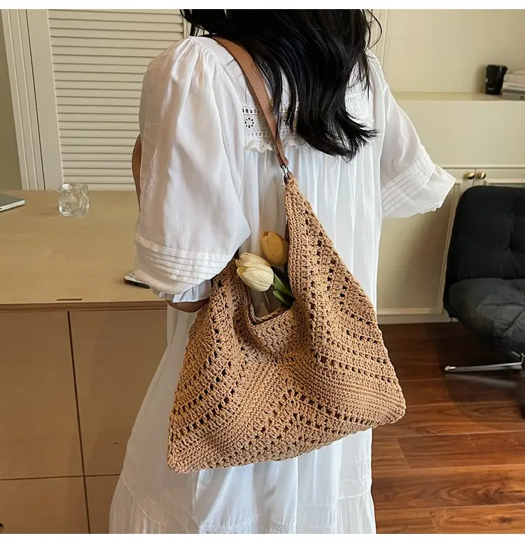 Women's Large Capacity Woven Shoulder Bag Tan 2025 — feature 10