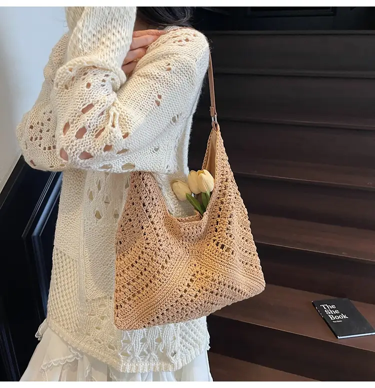 Women's Large Capacity Woven Shoulder Bag Tan 2025 — feature 12