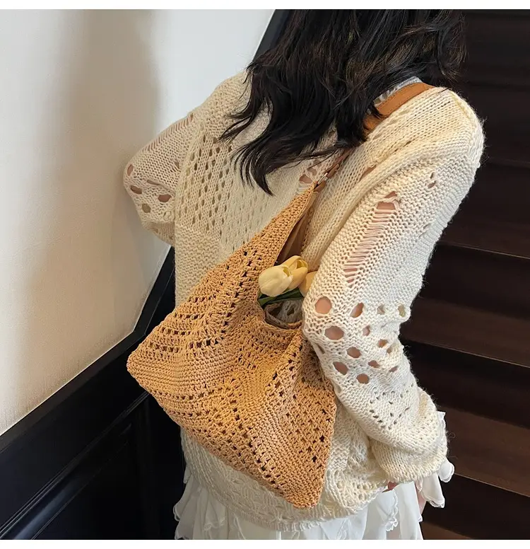 Women's Large Capacity Woven Shoulder Bag Tan 2025 — feature 13