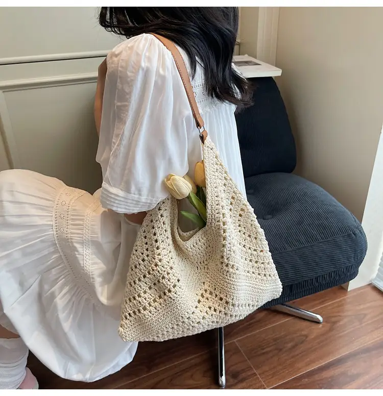 Women's Large Capacity Woven Shoulder Bag Tan 2025 — feature 14