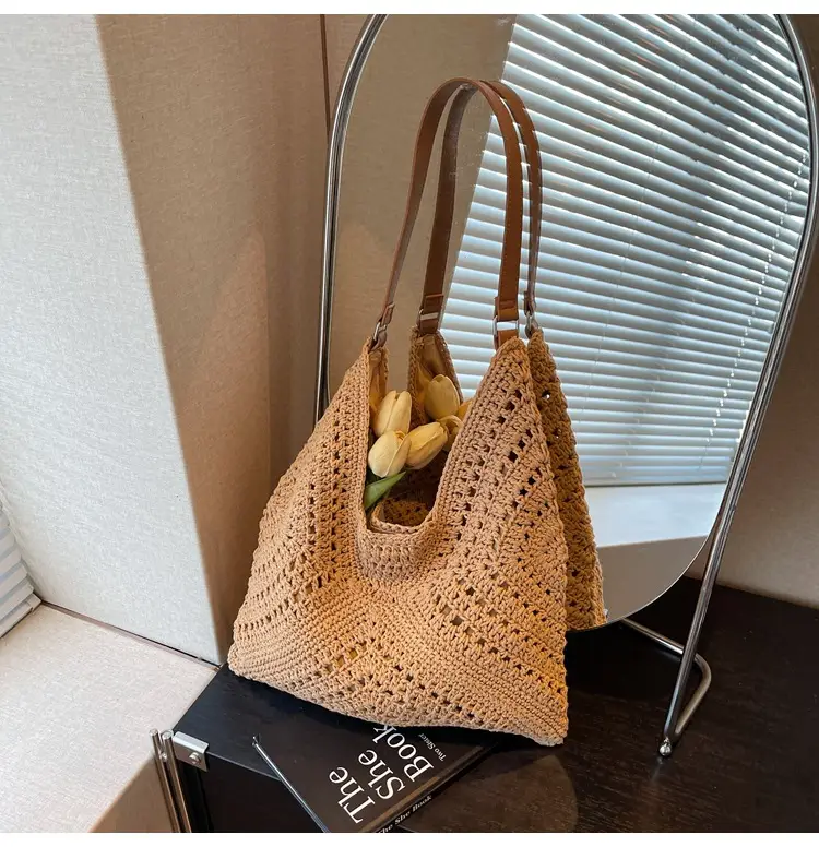 Women's Large Capacity Woven Shoulder Bag Tan 2025 — feature 19