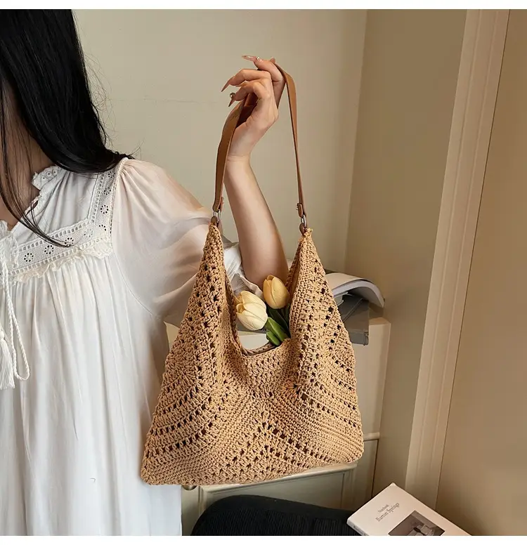Women's Large Capacity Woven Shoulder Bag Tan 2025 — feature 8